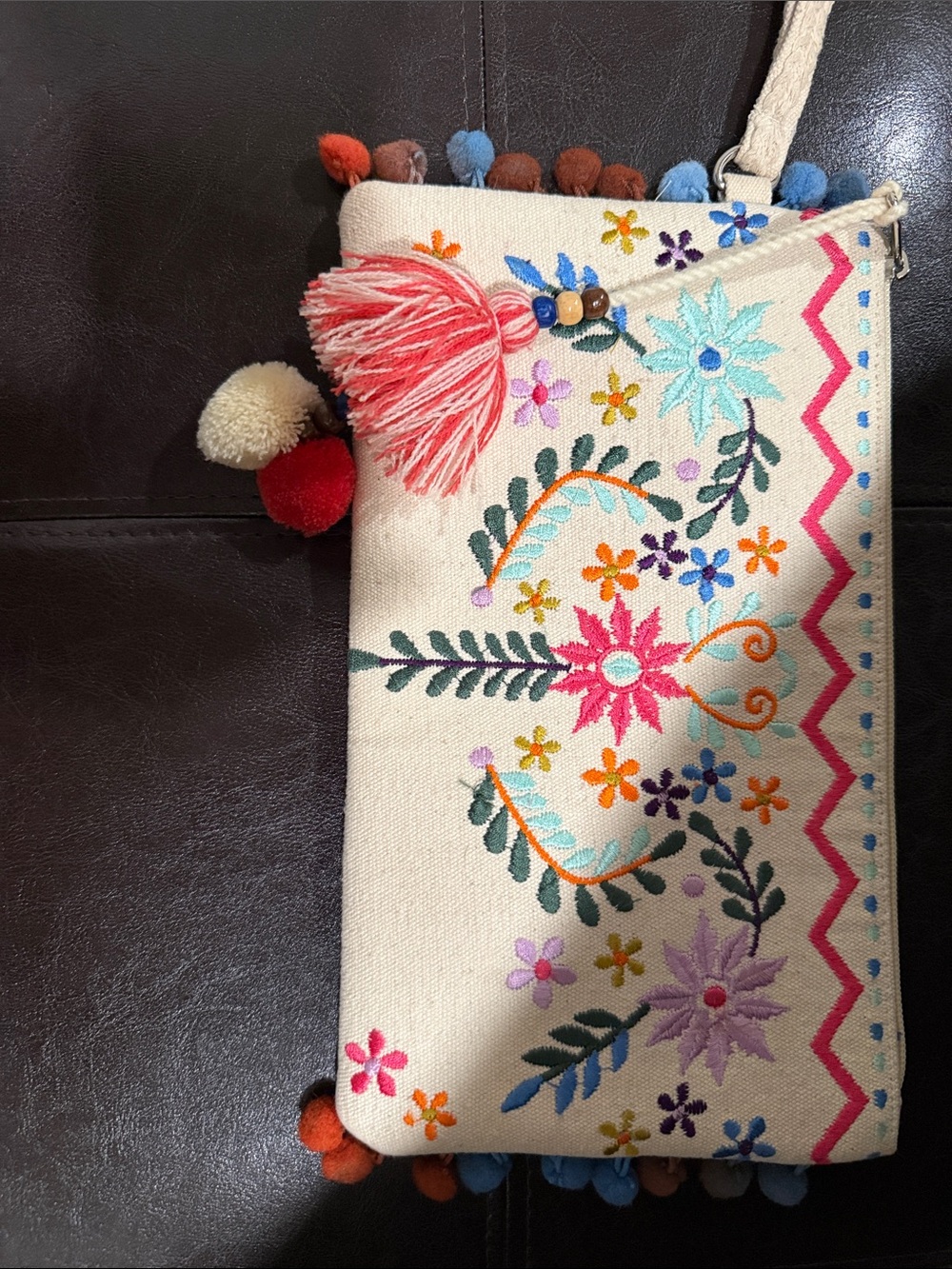 2 Chic Cream Embroidered Floral Wristlet with Pink Tassel